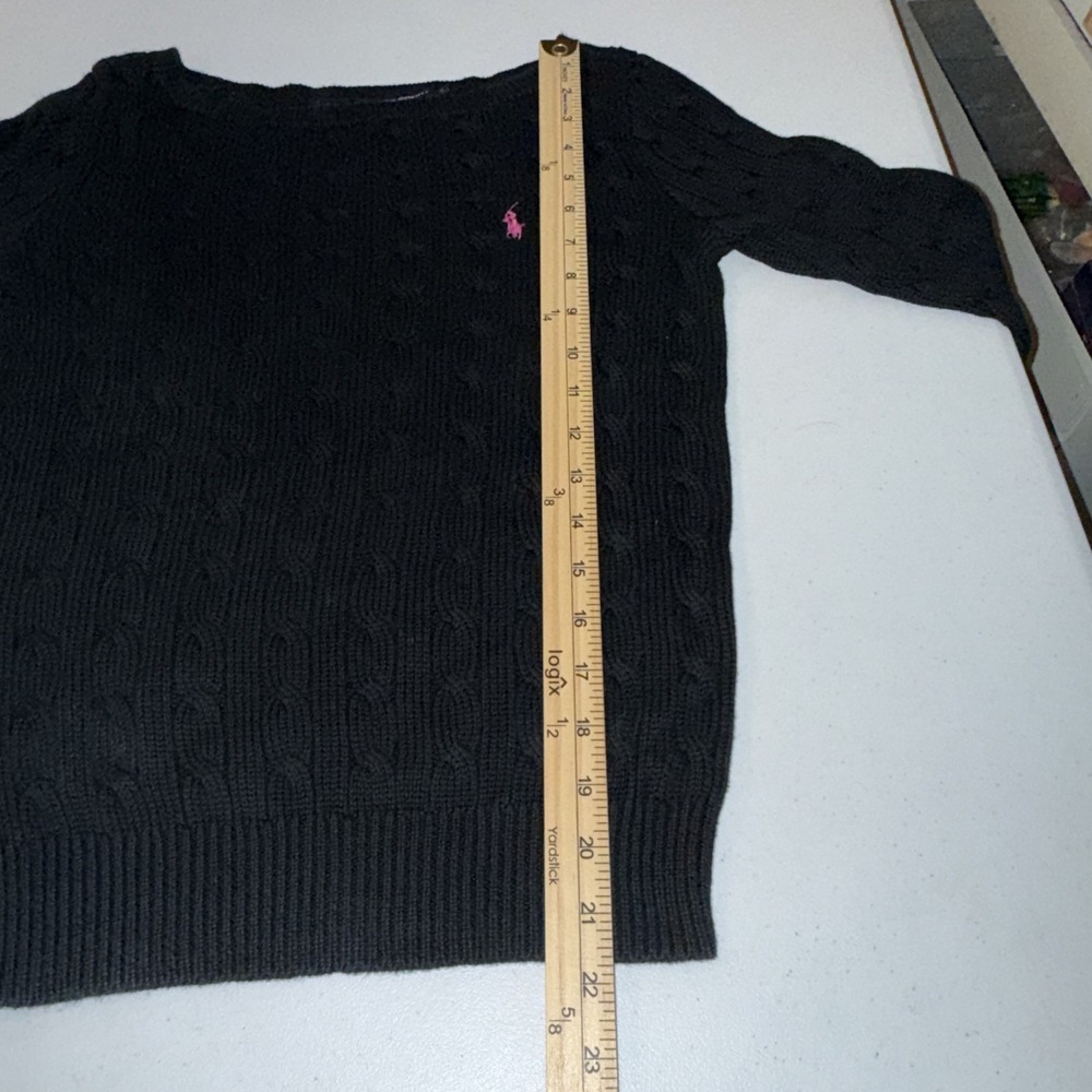 Ralph Lauren Golf Sweater Womens Small Black Cable Knit Crewneck Pink Pony VTG - Picture 5 of 10